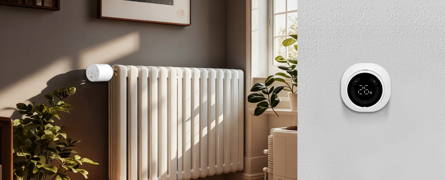 GEM208 split-type smart thermostatic radiator valve installed on living room radiator